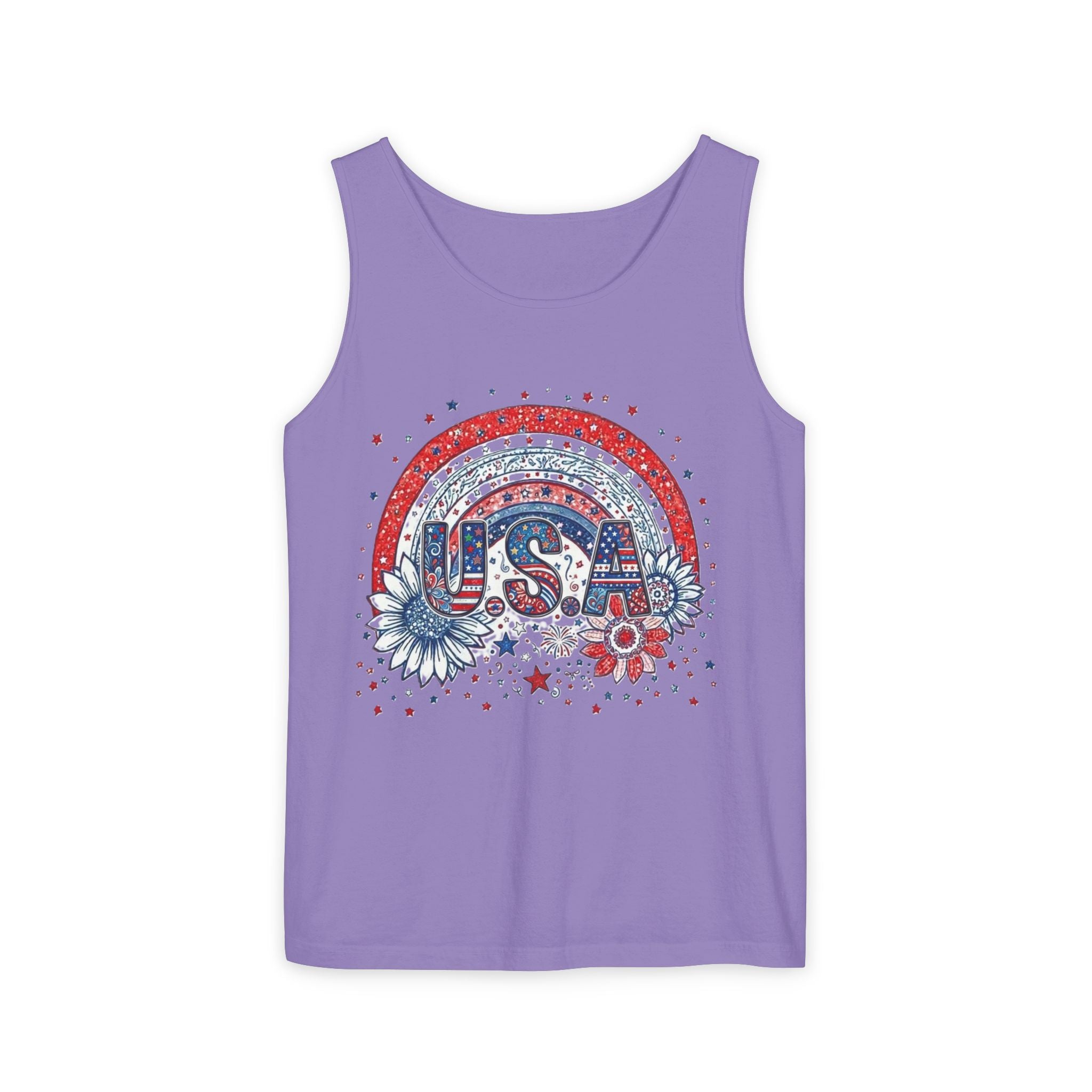 USA Rainbow Floral Tank Top — Patriotic 4th of July Sleeveless Tee
