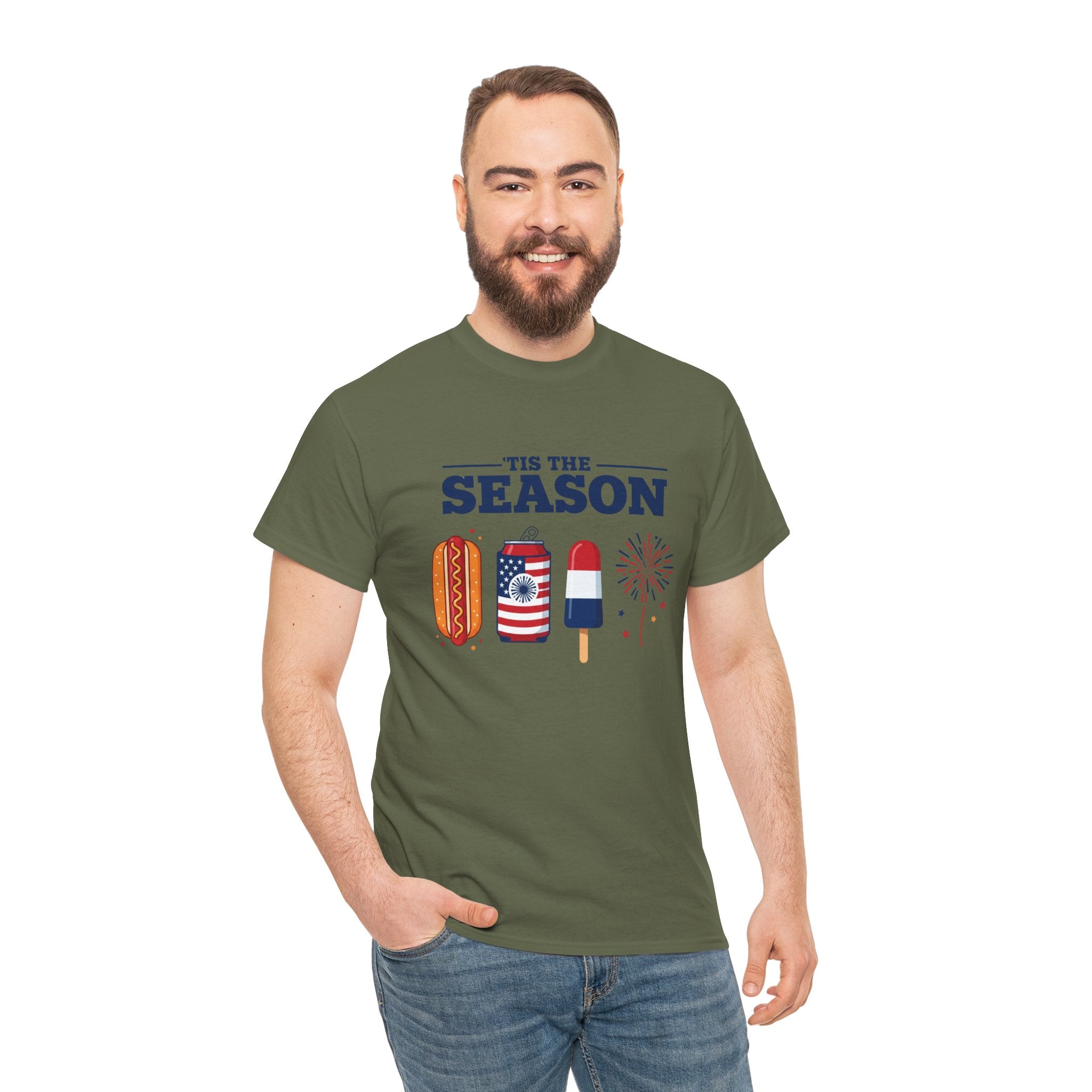 Fourth of July Tee — "'Tis the Season" Patriotic Hot Dog, Popsicle & Fireworks T-Shirt