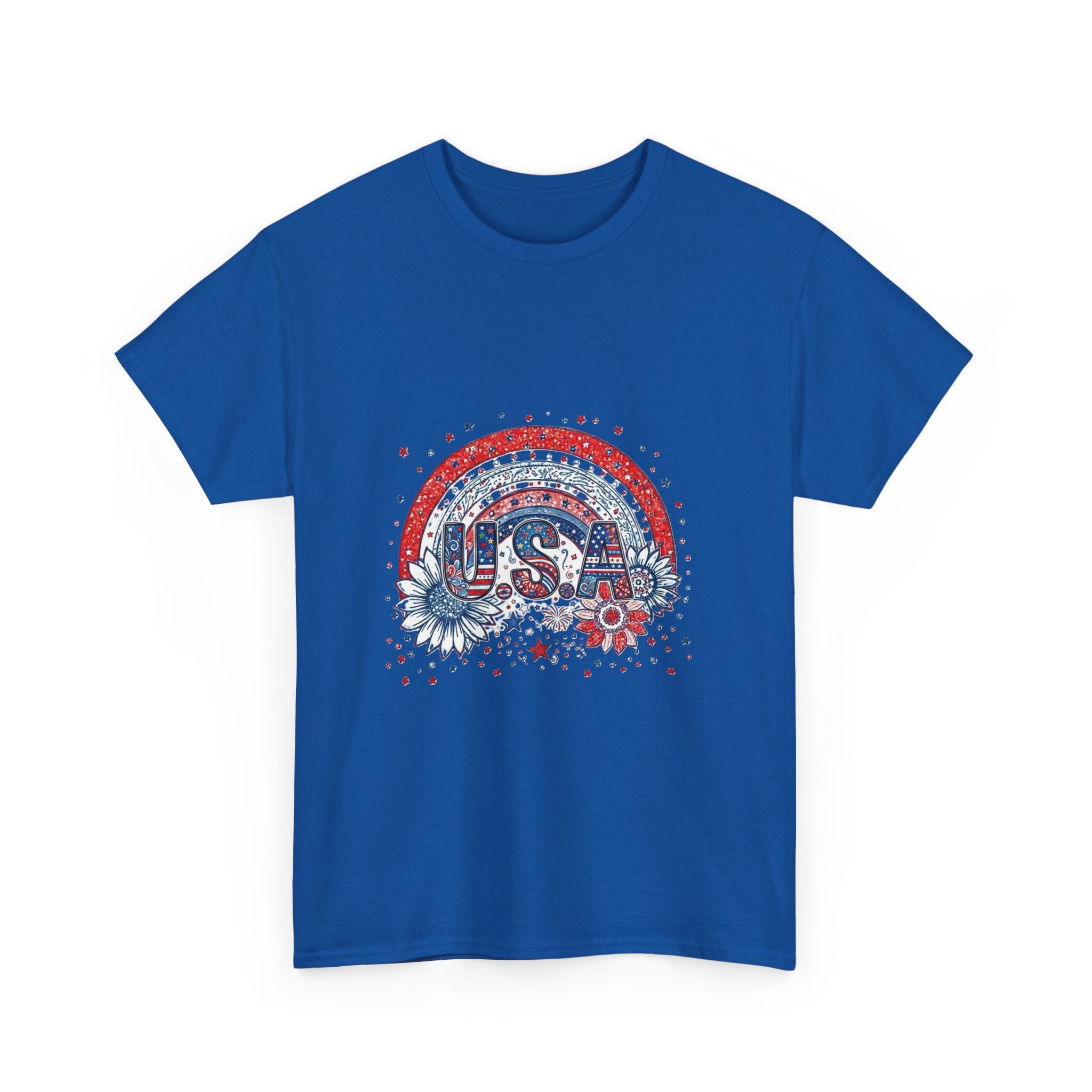 USA Retro Rainbow T-Shirt — Patriotic Fourth of July Tee with Stars & Flowers