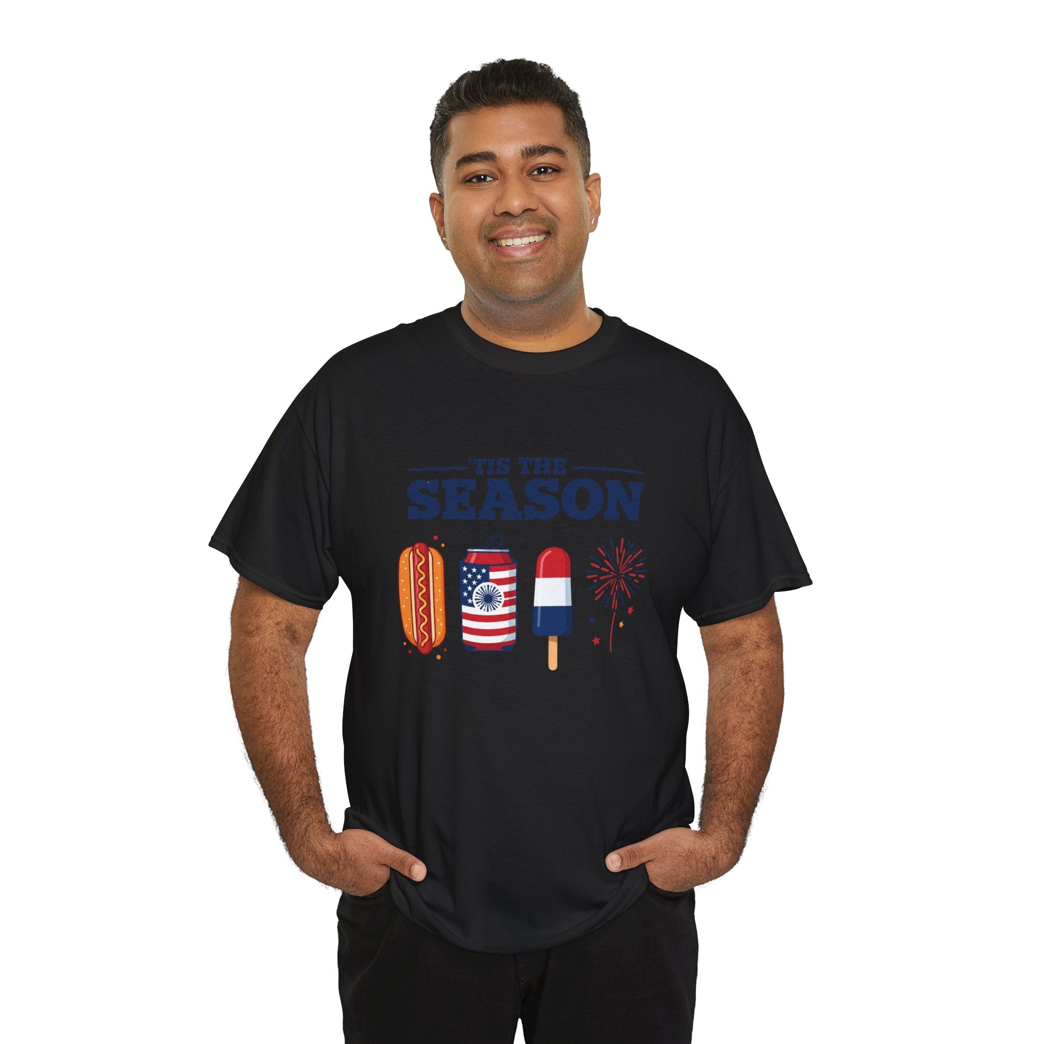 Fourth of July Tee — "'Tis the Season" Patriotic Hot Dog, Popsicle & Fireworks T-Shirt