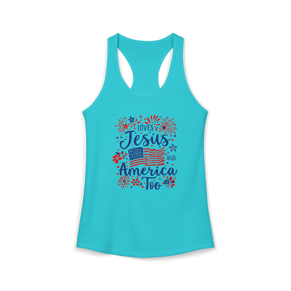 Loves Jesus and America Too Racerback Tank — Patriotic Christian Women's Tank