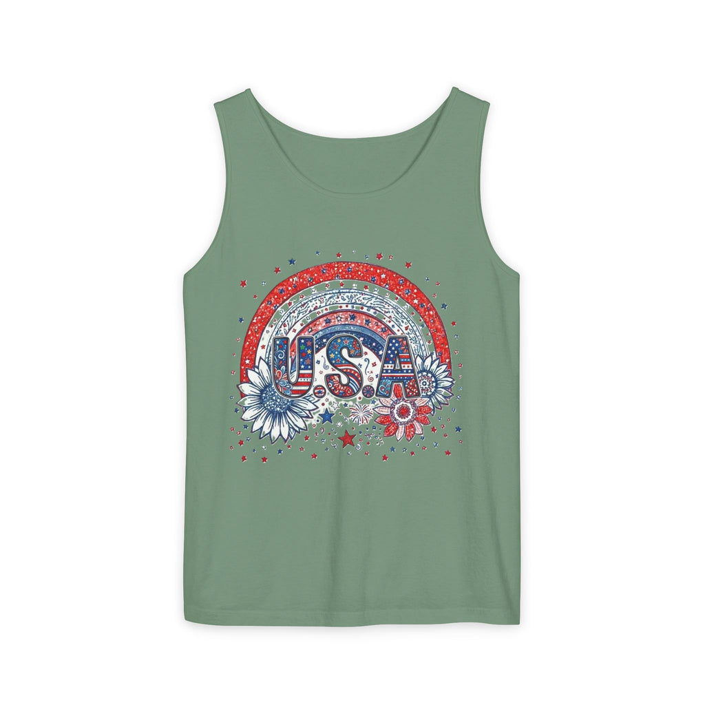 USA Rainbow Floral Tank Top — Patriotic 4th of July Sleeveless Tee