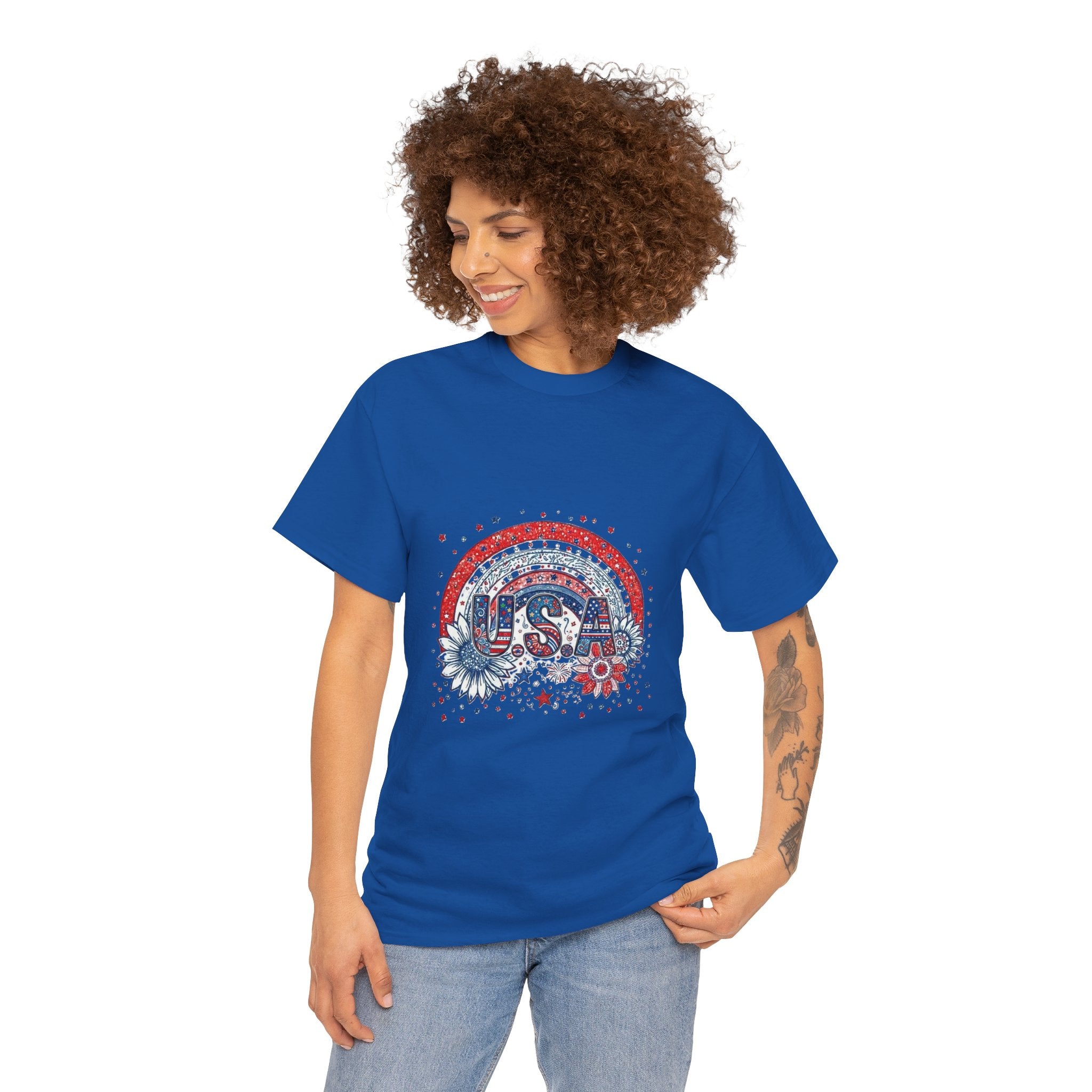 USA Retro Rainbow T-Shirt — Patriotic Fourth of July Tee with Stars & Flowers