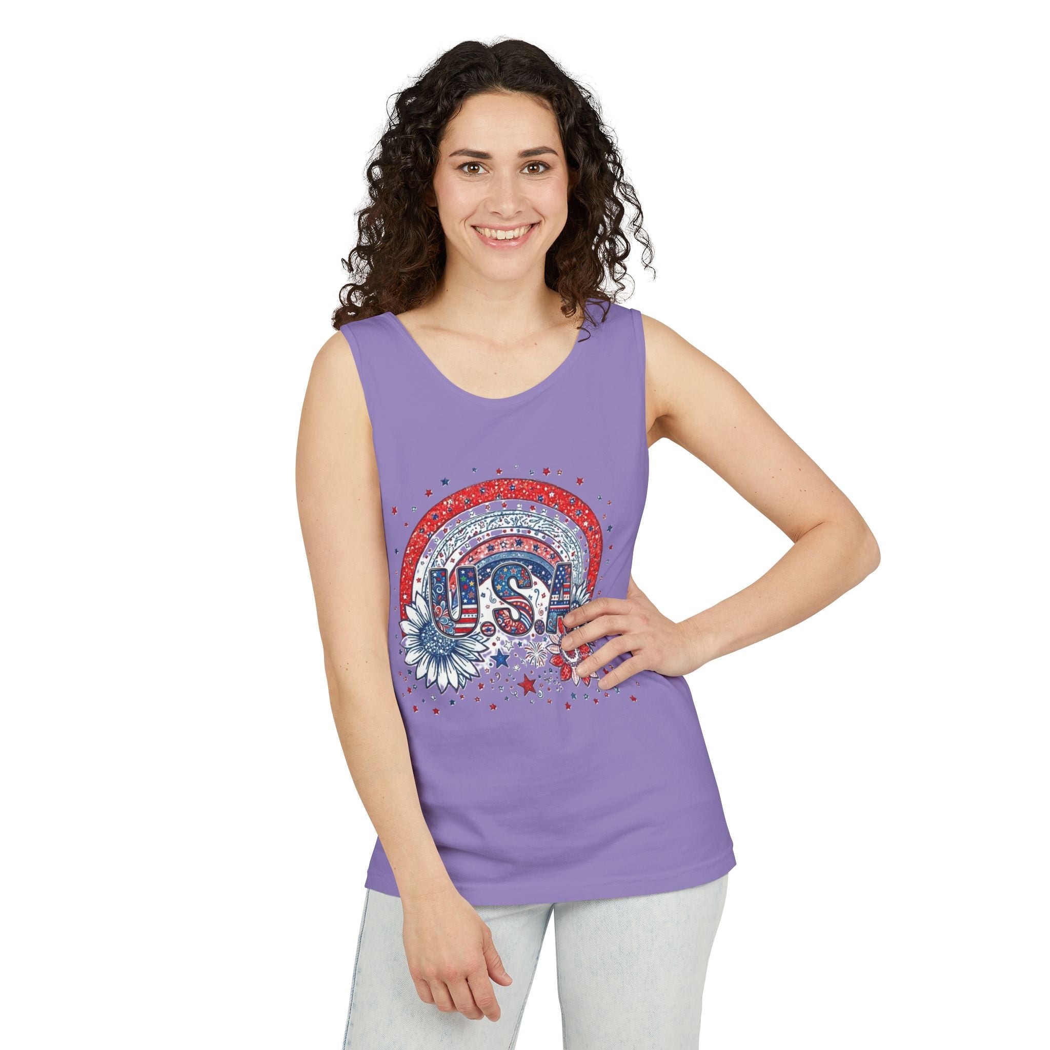 USA Rainbow Floral Tank Top — Patriotic 4th of July Sleeveless Tee
