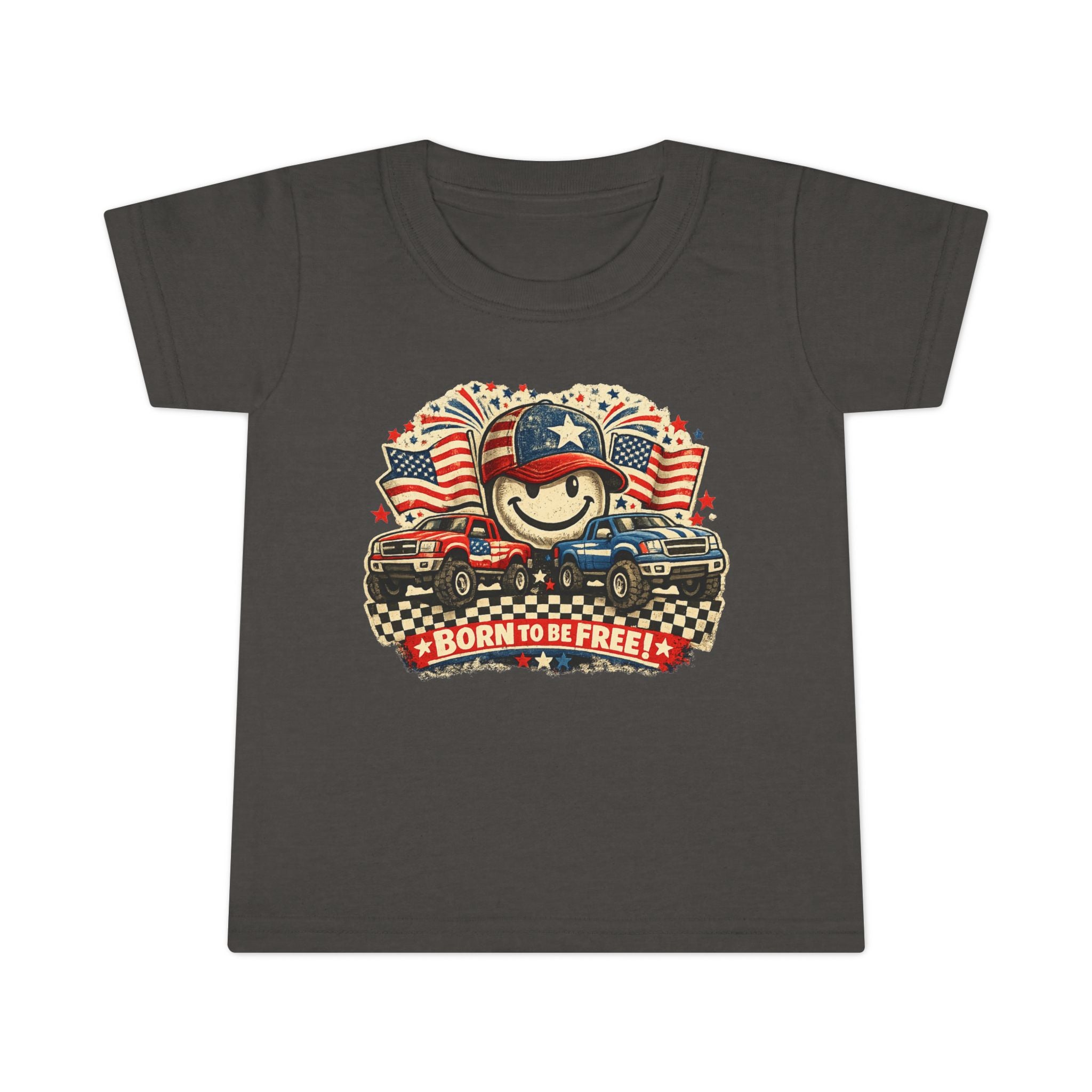 Toddler T‑Shirt — "Born to Be Free" Patriotic Trucks Graphic