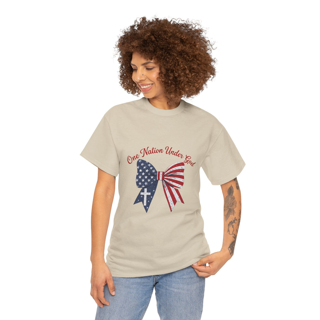 Patriotic Bow Tee — "One Nation Under God" American Flag Cross T-Shirt