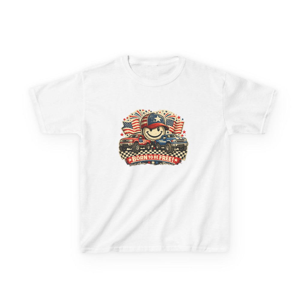 Kids Tee — Patriotic "Born to Be Free" Smiley Flag Design