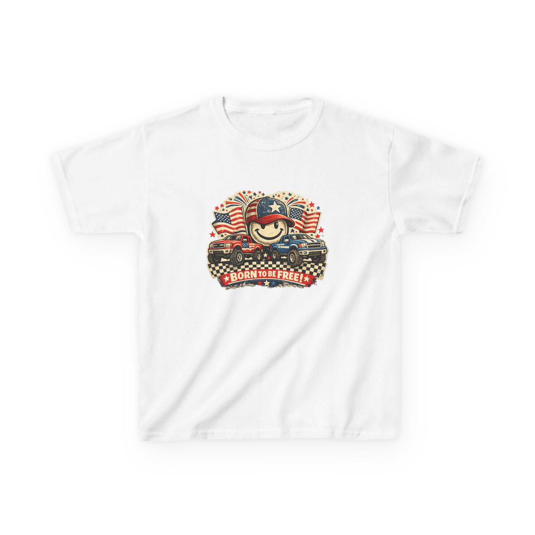 Kids Tee — Patriotic "Born to Be Free" Smiley Flag Design