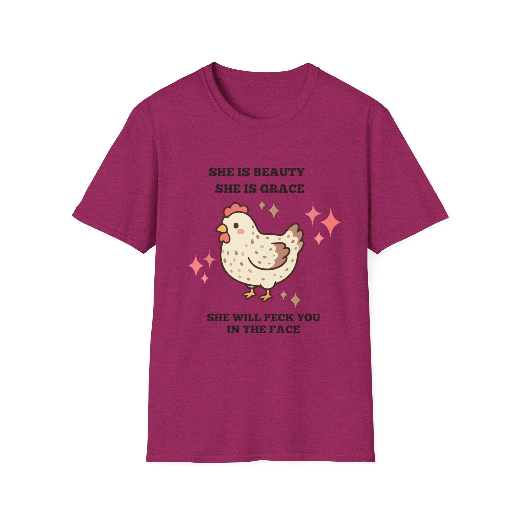 Chicken Tee — "She Is Beauty, She Is Grace, She Will Pech You in the Face" Funny Farm Animal T-Shirt