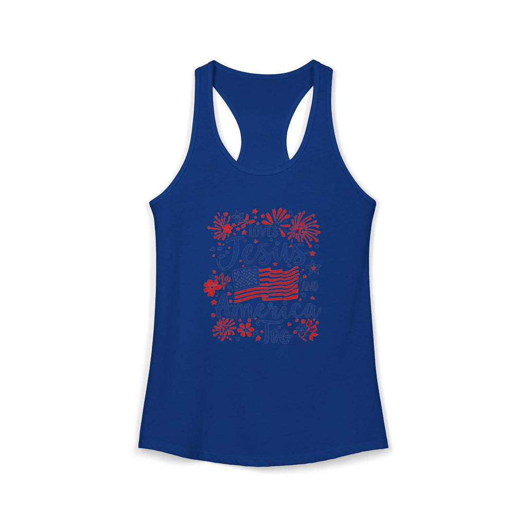 Loves Jesus and America Too Racerback Tank — Patriotic Christian Women's Tank