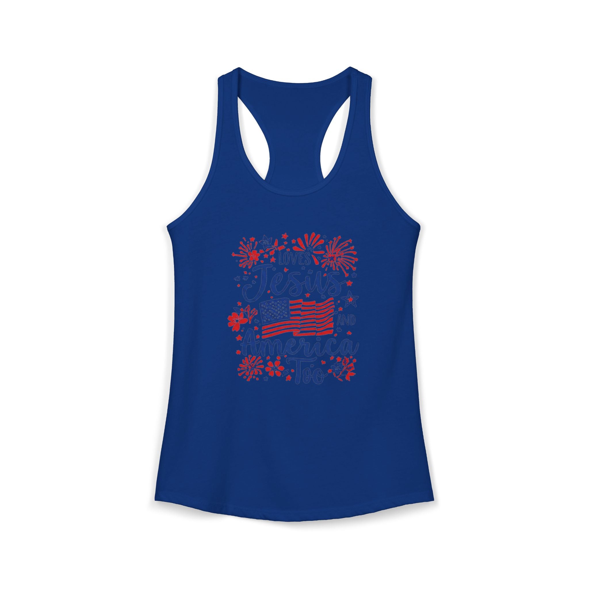 Loves Jesus and America Too Racerback Tank — Patriotic Christian Women's Tank
