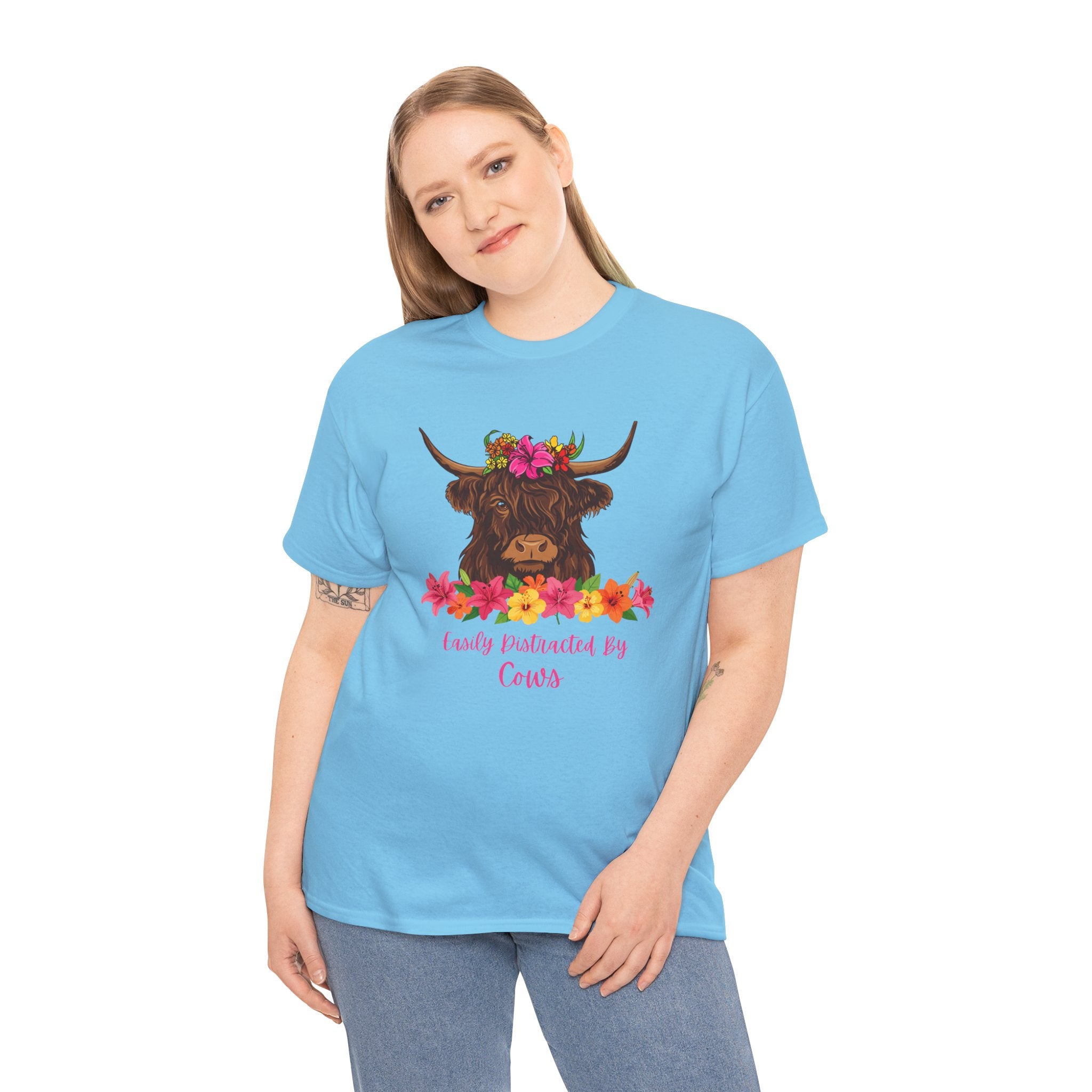 Cow Mom Floral Tee — 'Easily Distracted By Cows' Highland Cow Graphic Shirt