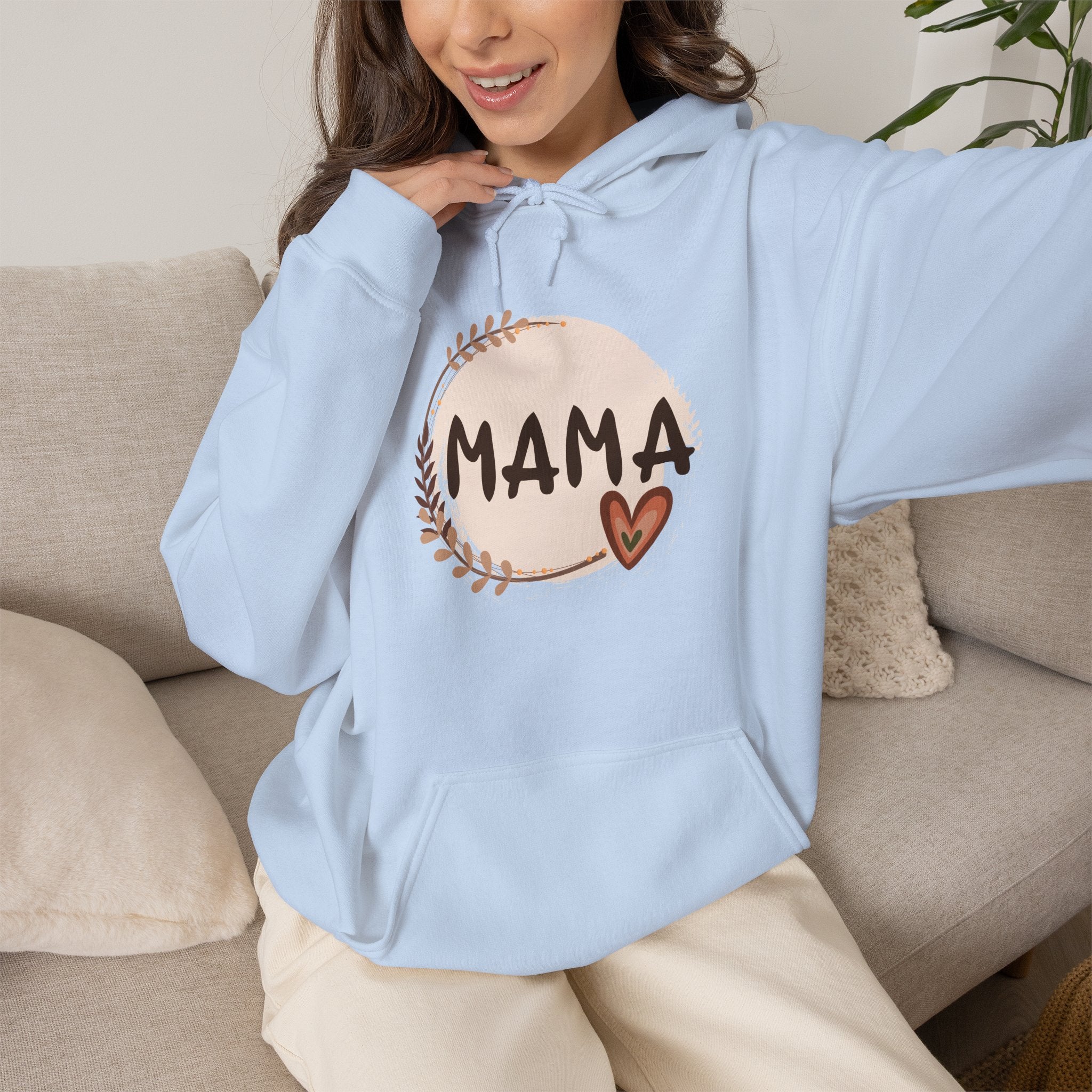 Mama Heart Hoodie — Soft Neutral Mom Sweatshirt, 'MAMA' Script with Heart & Wreath (Mother’s Day Gift)